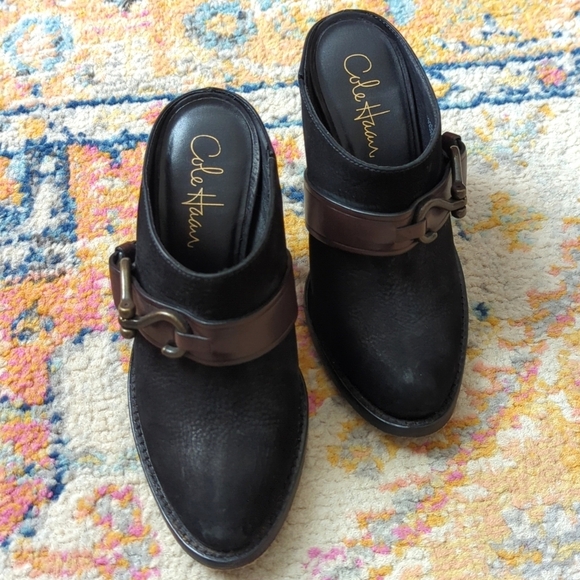 Cole Haan Shoes - Cole Haan Tantivy Suede Leather Hoof Pick Buckled Slip On Heeled Mules Black 5